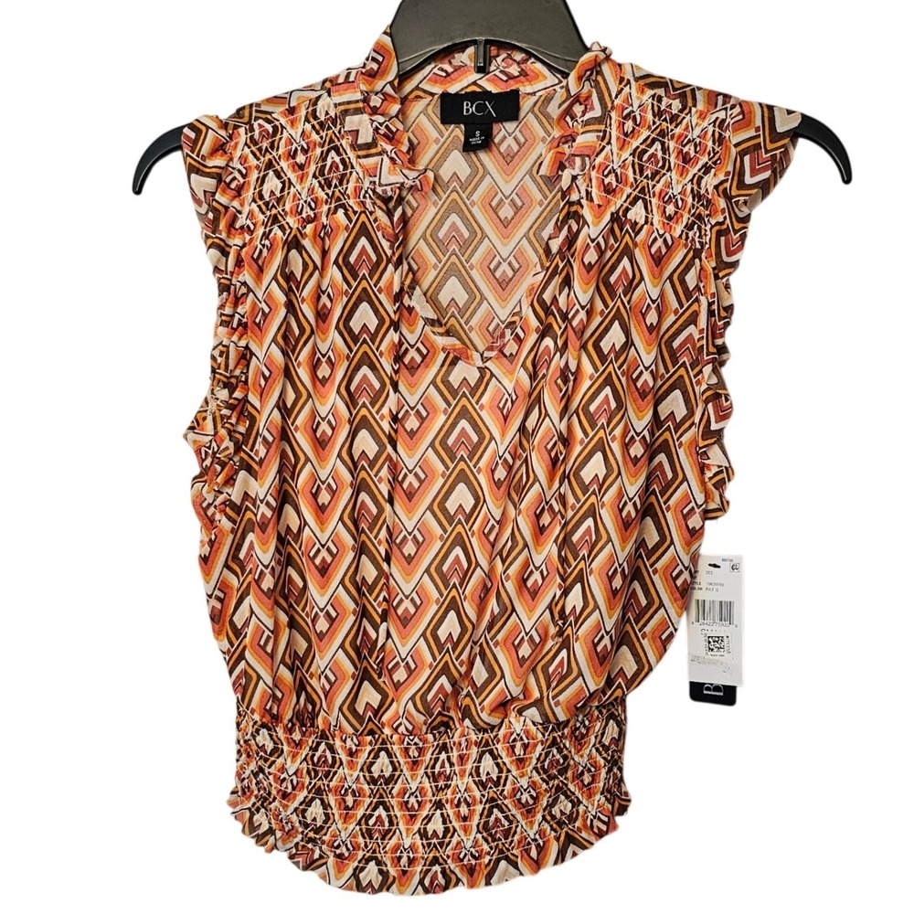 BCX Womens 2 pc Geometric Mesh Sleeveless Smocked Waist Blouse with cami Small - Picture 2 of 12